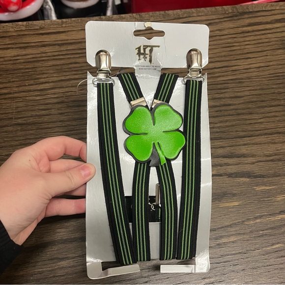 Hot Topic NEW neon Green mens suspenders st Patrick’s day 4 leaf clover - Picture 1 of 6